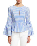Luna Striped Bell-Sleeve Peplum Blouse, Sky