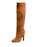 Studded Suede 105mm Knee Boot, Brown