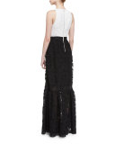 Sleeveless Colorblock Lace Gown, Jet