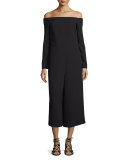 Off-the-Shoulder Crepe Wide-Leg Jumpsuit, Black