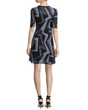 Half-Sleeve Ribbed Geometric-Knit Dress, Black