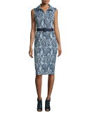 Floral-Print Collared Dress W/Belt, Navy/Multi 