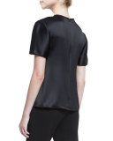 Round-Neck Short-Sleeve Satin Blouse, Black