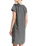 Cap-Sleeve Shift Dress w/Floral Applique, Gray