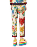Corsage-Print Silk Pajama Pants, Ivory