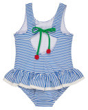 Skirted One-Piece Striped Seersucker Swimsuit, Blue, Size 2T-6X