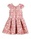 Pleated Metallic Rose Brocade Dress, Pink, Size 4-6X