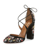Karlie Embroidered Suede Block-Heel Pump, Black
