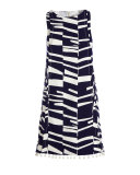 Sleeveless Modern-Print Shift Dress w/Beaded Tassels