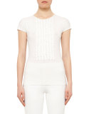 Cap-Sleeve Ruffle-Placket Shirt, Cream