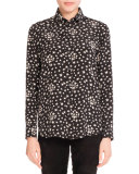 Star-Print Crepe de Chine Blouse, Black/White