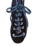 Velvet Lace-Up Wedge Bootie, Navy