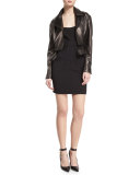Zip-Front Short Moto Leather Jacket, Black