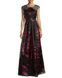 Cap-Sleeve Pleated Floral Metallic Gown, Black/Pink