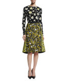 Floral-Print Structured A-Line Skirt, Citron/Black