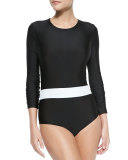 Long-Sleeve One-Piece Swimsuit, Black/White