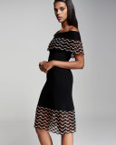 Wave-Lace Off-the-Shoulder Dress, Black