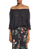 Sheer Embroidered Gauze-Knit Top, Black
