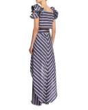 Ruffled Striped Pareo Skirt, Blue/White