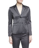 Stretch Satin Two-Button Blazer, Dark Gray