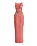 Floral-Embellished Sleeveless V-Neck Gown, Shell Pink