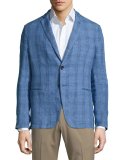 Plaid Linen Two-Button Soft Jacket, Cornflower Blue