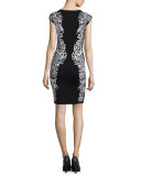 Cap-Sleeve Two-Tone Sheath Dress, Black/White