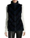 Mink Fur Chevron Zip Vest, Black Iris