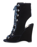 Velvet Lace-Up Wedge Bootie, Navy