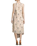 Sleeveless Wheat-Print Asymmetric Dress, Beige