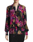 Long-Sleeve Floral Tie-Neck Top, Multicolor