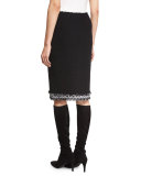 Fringe-Trim Boucle Pencil Skirt, Caviar/Frost