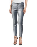 Metallic Slim-Leg Jeans, Silver