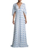 Kimono-Sleeve Printed Caftan Maxi Dress, Delta Medallion