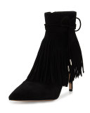 Marion Pointed-Toe Fringe Bootie, Black