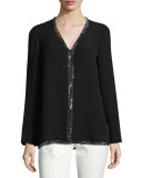 Mallet Long-Sleeve Embellished Silk Tunic, Black