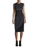 Sleeveless Mixed-Media Midi Dress, Black