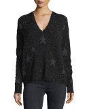 Leilani Star-Pattern Cashmere Sweater, Black Donegal/Charcoal