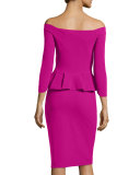 3/4-Sleeve Off-the-Shoulder Peplum Sheath Dress, Cyclamen