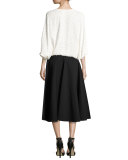 Swiss-Dot Batwing-Sleeve Blouse, White