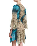 3/4-Sleeve Mixed-Print Dress, Brown/Turquoise