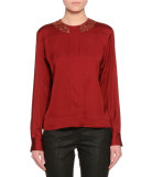 Floral-Embellished Jewel-Neck Blouse, Red