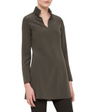 Leather-Trim Silk Shantung Tunic, Turtle