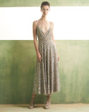 Sequined Wrap-Bodice Slip Dress, Praline
