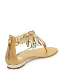 Large-Crystal Flat T-Strap Sandal, Gold