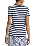 Striped Tee w/ Sweater-Trim Crew Neckline, 