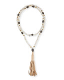 Magnesite Rhinestone Necklace with Leather Tassel, White