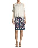 Wildflower Embroidered Denim Skirt, Blue
