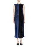 Sleeveless Satin & Velvet Combo Midi Dress, Blue Ink