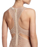 Macrame Lace Art Sheer Zip Bodysuit, Nude